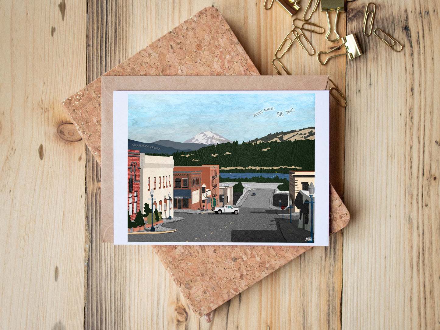 Greeting Card of mixed media collage of downtown Hood River, Oregon, Columbia River Gorge, small town- Blank Inside