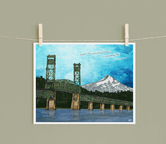 8x10 Art Print of a mixed media collage of the Hood River Bridge between Oregon and Washington, over Columbia River