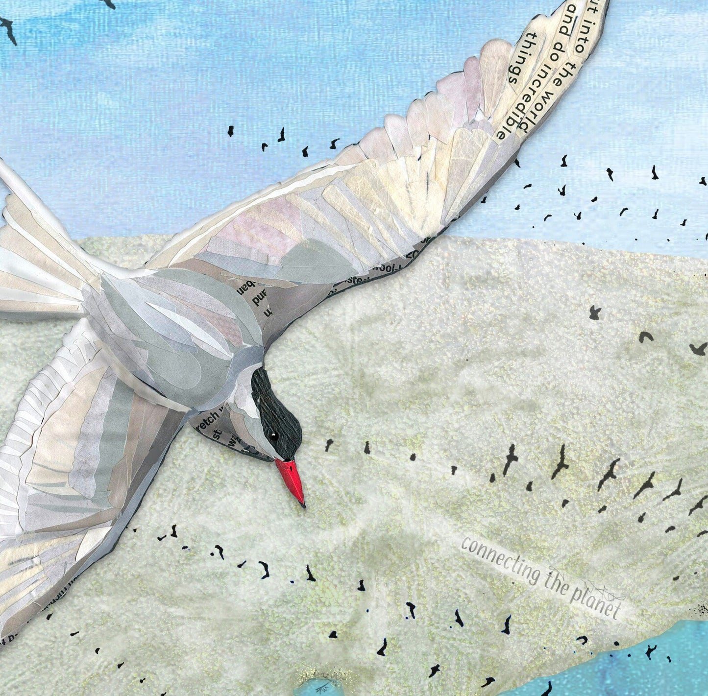 Greeting Card of mixed media collage of Arctic Terns flying over the planet along with other birds migrating around the globe- Blank Inside