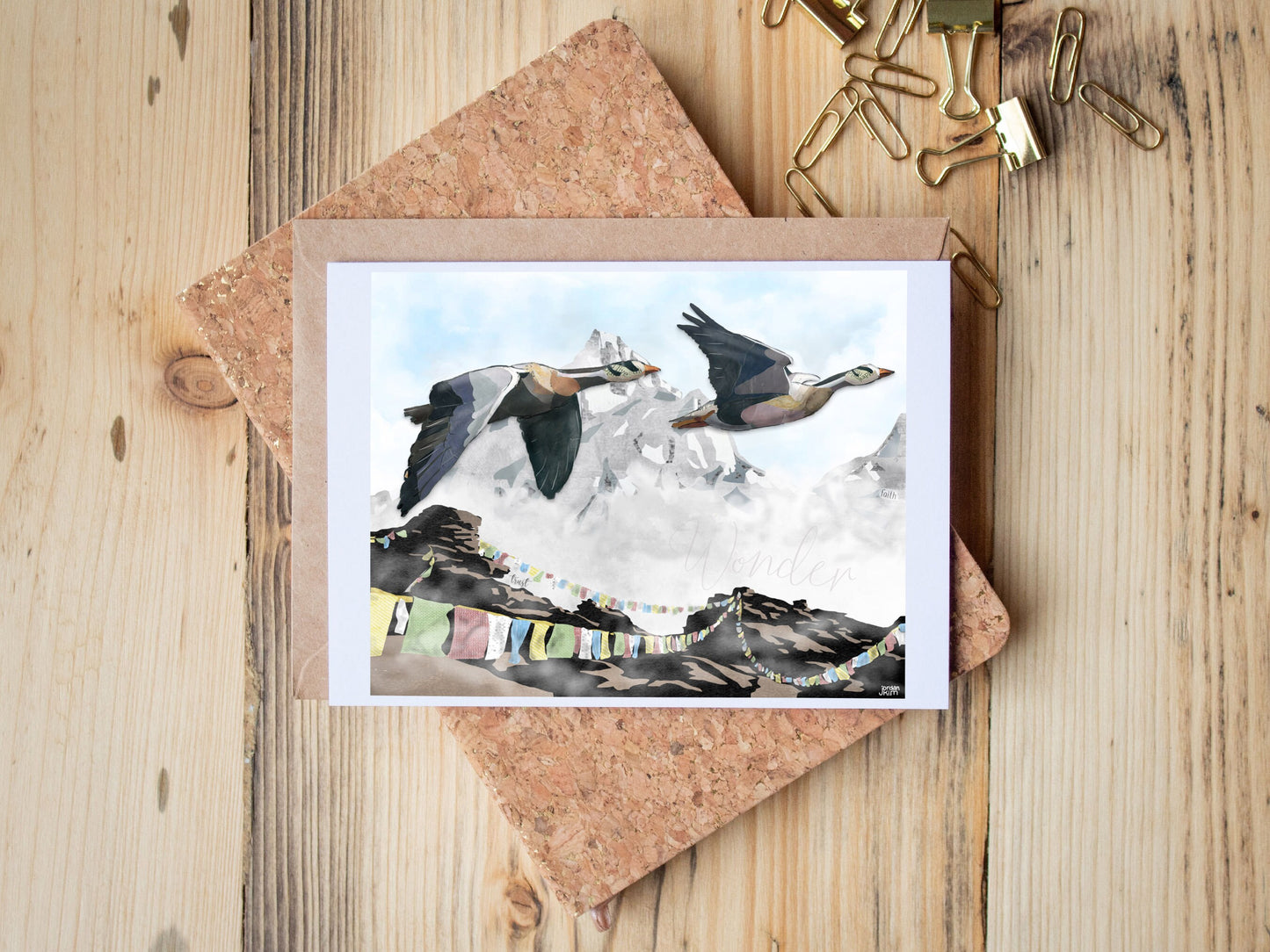 Greeting Card of mixed media collage of Bar-Headed Geese flying over prayer flags in the Himalayas, migration - Blank Inside