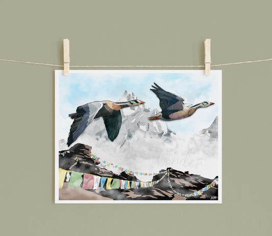 8x10 Art Print of a mixed media collage of Bar-Headed Geese flying over prayer flags in the Himalayas, migration