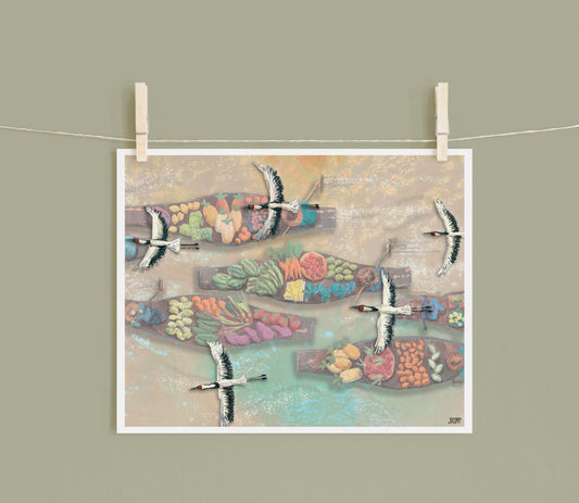 8x10 Art Print of a mixed media collage of Red-Crowned Cranes flying over market boats loaded with vegetables and fruit