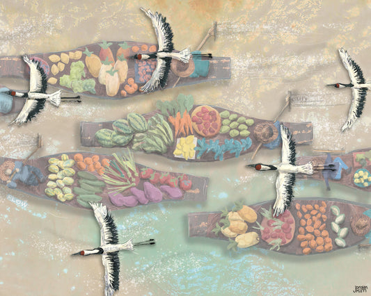 8x10 Art Print of a mixed media collage of Red-Crowned Cranes flying over market boats loaded with vegetables and fruit