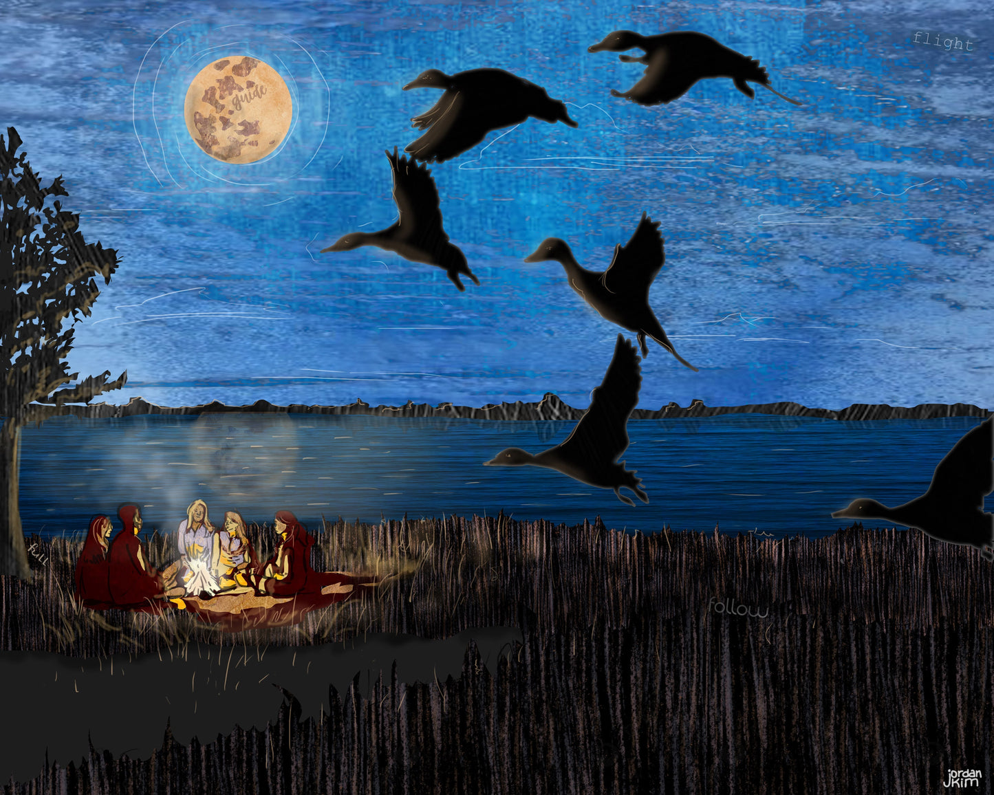 8x10 Art Print of a mixed media collage of Blue-Winged Teal ducks taking off in the dusk over a group of friends by a campfire, full moon