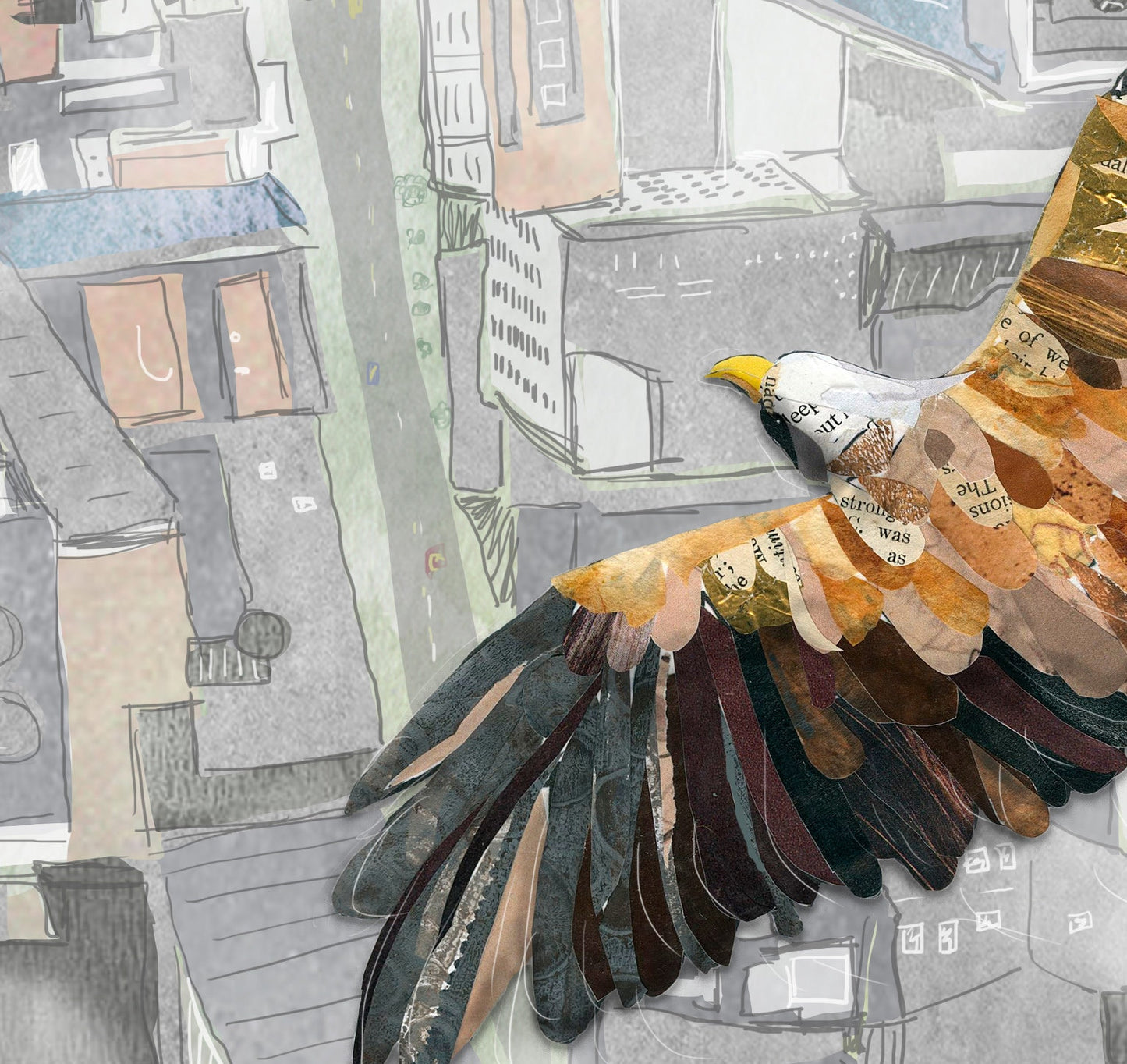 Greeting Card of mixed media collage of a Bald Eagle flying over a city, migration, birds, from above - Blank Inside