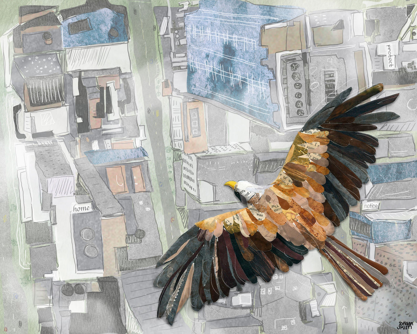 8x10 Art Print of a mixed media collage of a Bald Eagle flying over a city, migration, birds, from above