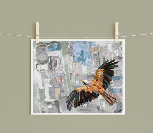 8x10 Art Print of a mixed media collage of a Bald Eagle flying over a city, migration, birds, from above