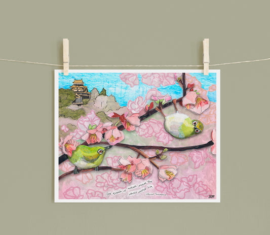 8x10 Art Print of a mixed media collage of Japanese White-Eye birds in sakura cherry blossoms, temple, Shakespeare quote