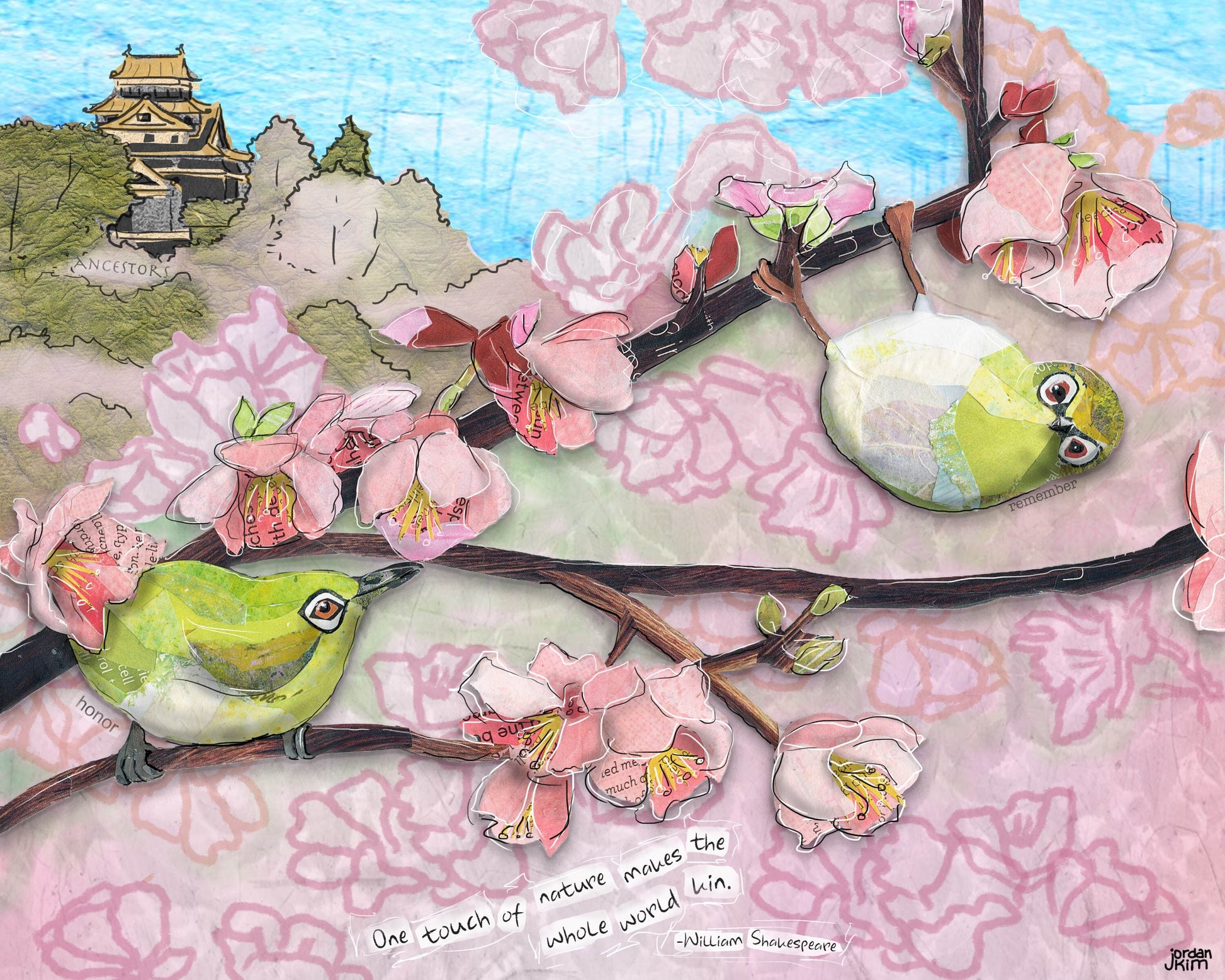 Greeting Card of mixed media collage of Japanese White-Eye birds in sakura cherry blossoms, temple, Shakespeare quote - Blank Inside