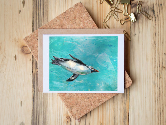 Greeting Card of mixed media collage of a Tawaki Penguin, Fiordland Penguin, swimming in ocean, William Wordsworth quote - Blank Inside