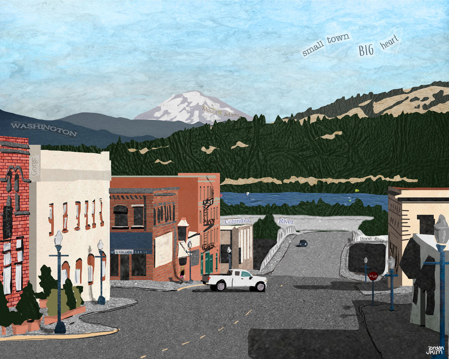 Greeting Card of mixed media collage of downtown Hood River, Oregon, Columbia River Gorge, small town- Blank Inside