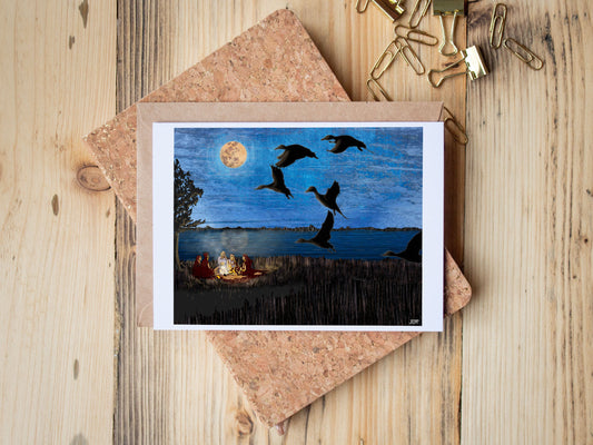 Greeting Card of mixed media collage of Blue-Winged Teal ducks taking off in the dusk over a group of friends by a campfire - Blank Inside