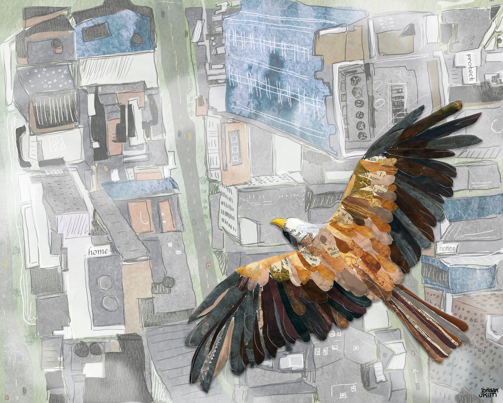 Greeting Card of mixed media collage of a Bald Eagle flying over a city, migration, birds, from above - Blank Inside