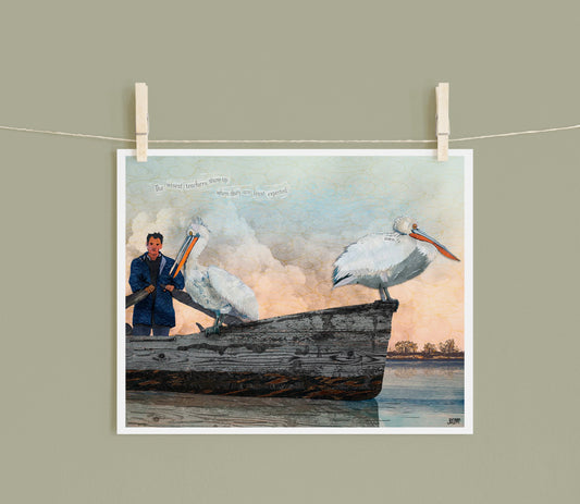 8x10 Art Print of a mixed media collage of Dalmatian Pelicans perched on a fisherman's boat at sunrise