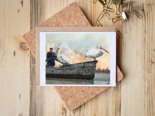 Greeting Card of mixed media collage of Dalmatian Pelicans perched on a fisherman's boat at sunrise - Blank Inside