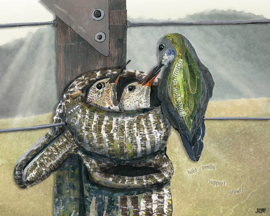Greeting Card of mixed media collage of a Calliope Hummingbird mother feeding her babies in a nest made of mittens - Blank Inside