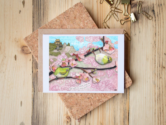 Greeting Card of mixed media collage of Japanese White-Eye birds in sakura cherry blossoms, temple, Shakespeare quote - Blank Inside
