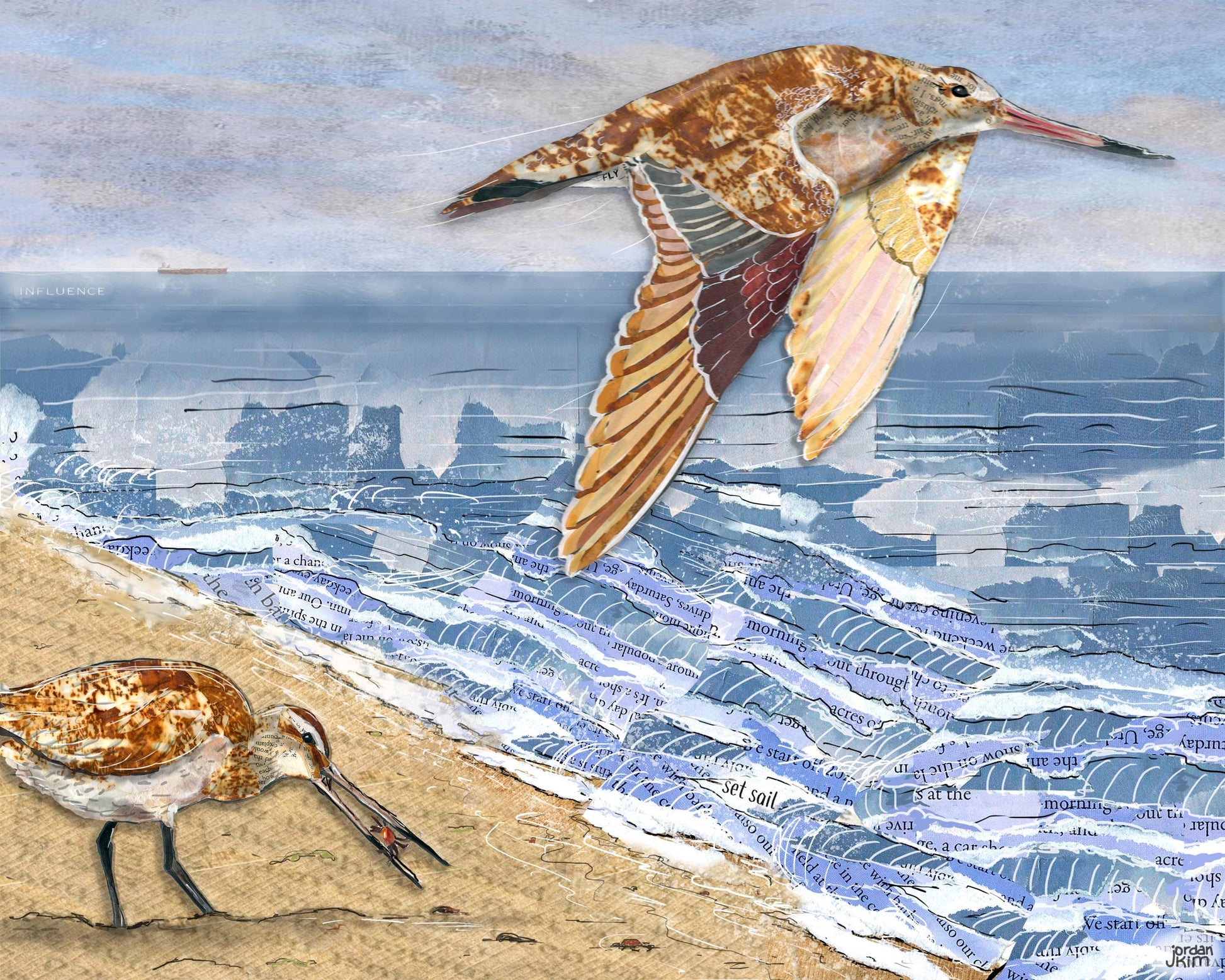8x10 Art Print of a mixed media collage of two Bar-Tailed Godwits at the ocean shore, beach, shorebirds, migration
