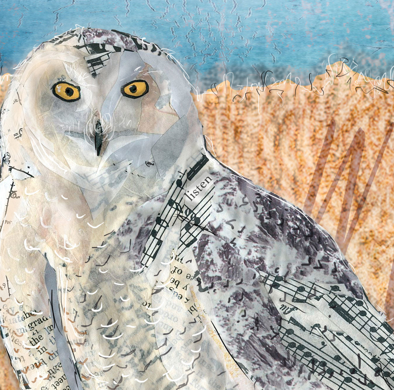20"x16"x 1.5" Wrapped Canvas Printof a mixed media collage of a Snowy Owl perched on a fence post with birdwatcher in background