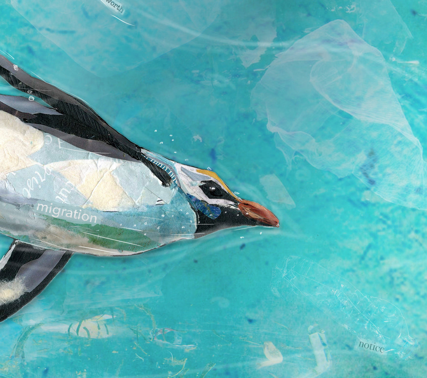 8x10 Art Print of a mixed media collage of a Tawaki Penguin, Fiordland Penguin, swimming in ocean, William Wordsworth quote