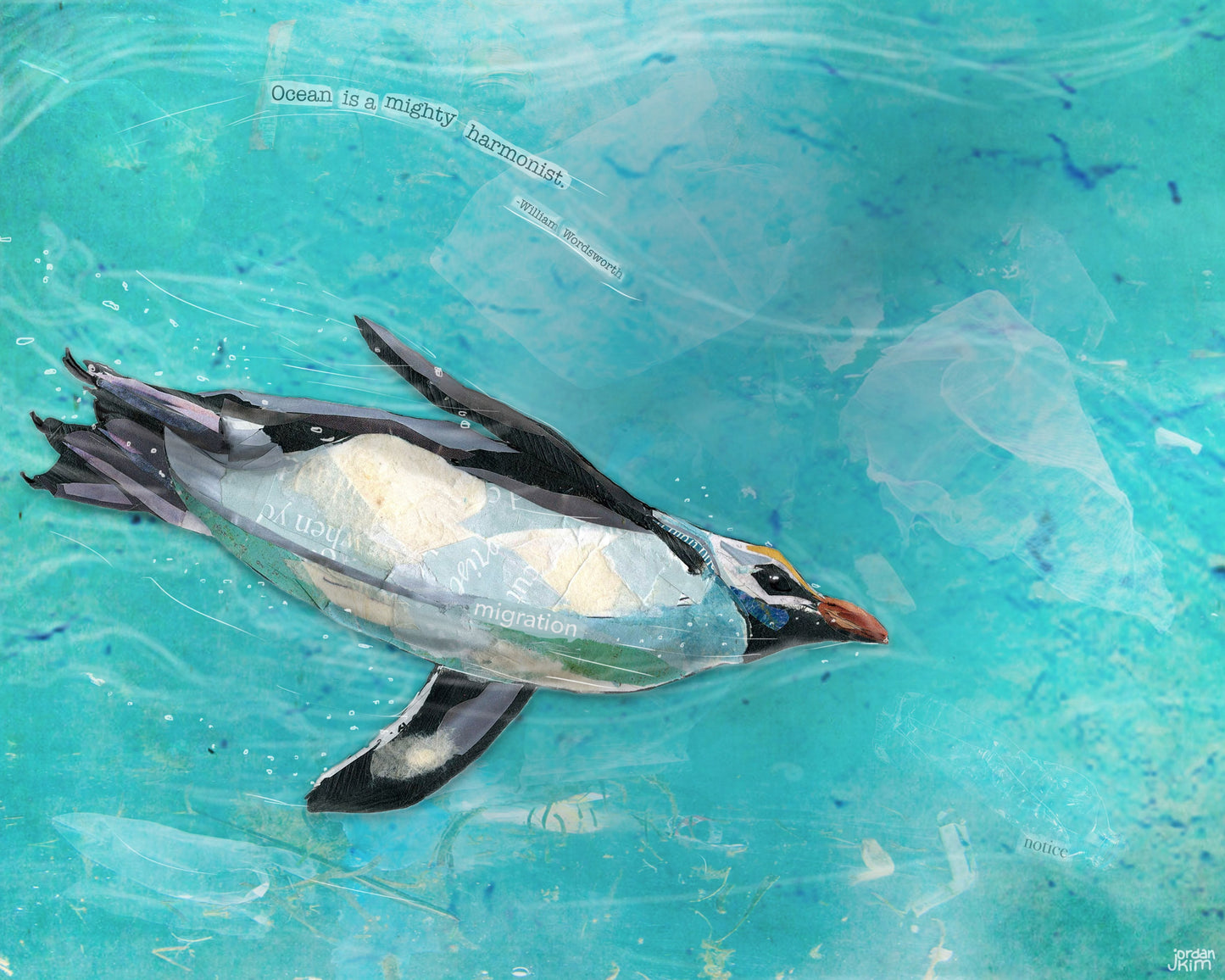 8x10 Art Print of a mixed media collage of a Tawaki Penguin, Fiordland Penguin, swimming in ocean, William Wordsworth quote