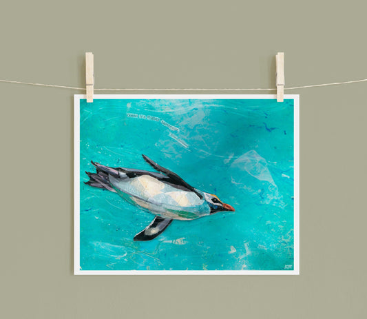 8x10 Art Print of a mixed media collage of a Tawaki Penguin, Fiordland Penguin, swimming in ocean, William Wordsworth quote