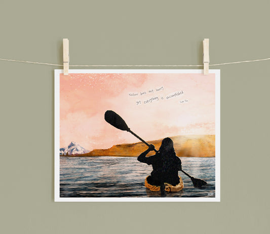 8x10 Art Print of a mixed media collage of a person kayaking on the Columbia River with Mt Hood near Hood River, Oregon