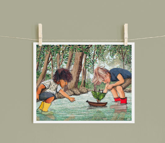 8x10 Art Print of a mixed media collage of two children in a stream playing with a nature boat together, forest, water, childhood