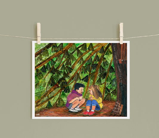 8x10 Art Print of a mixed media collage of two children huddled under a pine tree together, childhood, secret, friends, safe