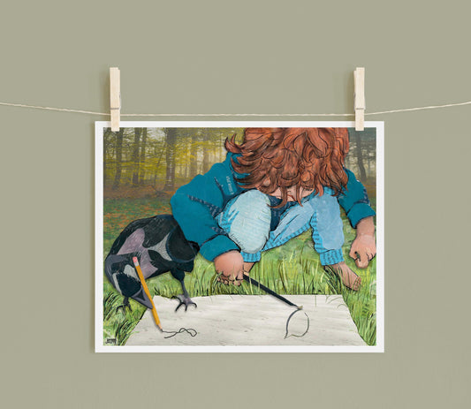 8x10 Art Print of a mixed media collage of a child and a crow drawing on a paper together, friendship, nature, birds