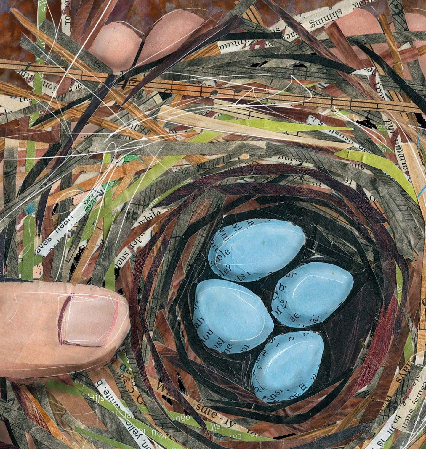 8x10 Art Print of a mixed media collage of a hand holding a robin nest with four blue eggs in it, nature, birds, motherhood, baby