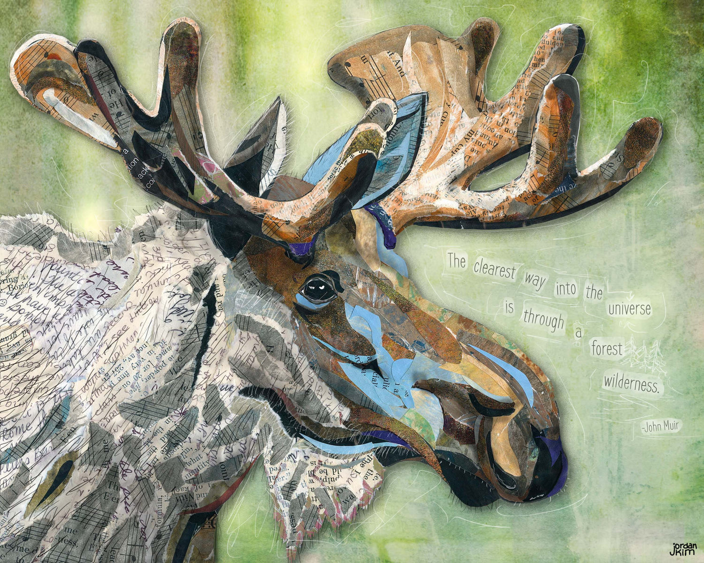 Greeting Card of mixed media collage of a moose in the forest with a John Muir quote about the wilderness, green, nature - Blank Inside