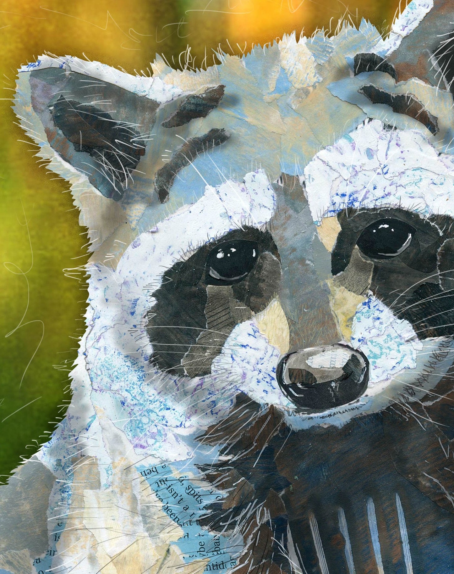 8x10 Art Print of a mixed media collage of a raccoon with inspirational quote about nurturing your curiosity, forest, nature