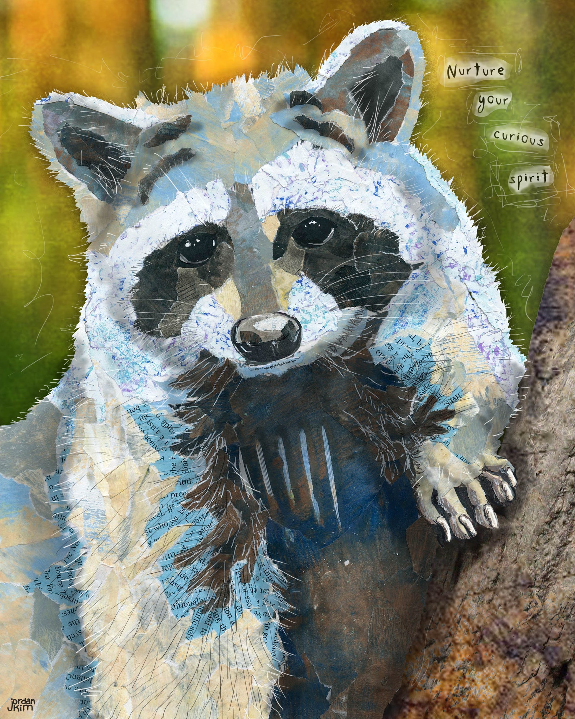 Greeting Card of mixed media collage of a raccoon with inspirational quote about nurturing your curiosity, forest, nature - Blank Inside