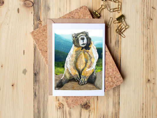 Greeting Card of mixed media collage of a marmot in the mountains, with words about marmots, fierce, strong, family first - Blank Inside