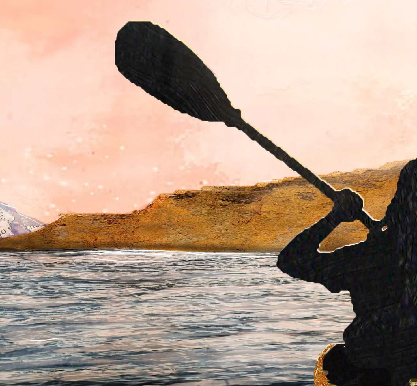 Greeting Card of a mixed media collage of a person kayaking on the Columbia River with Mt Hood near Hood River, Oregon - Blank Inside
