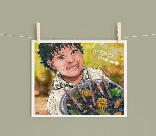 8x10 Art Print of a mixed media collage of a child holding out a mud pie with stick birthday candles, grateful heart quote, childhood
