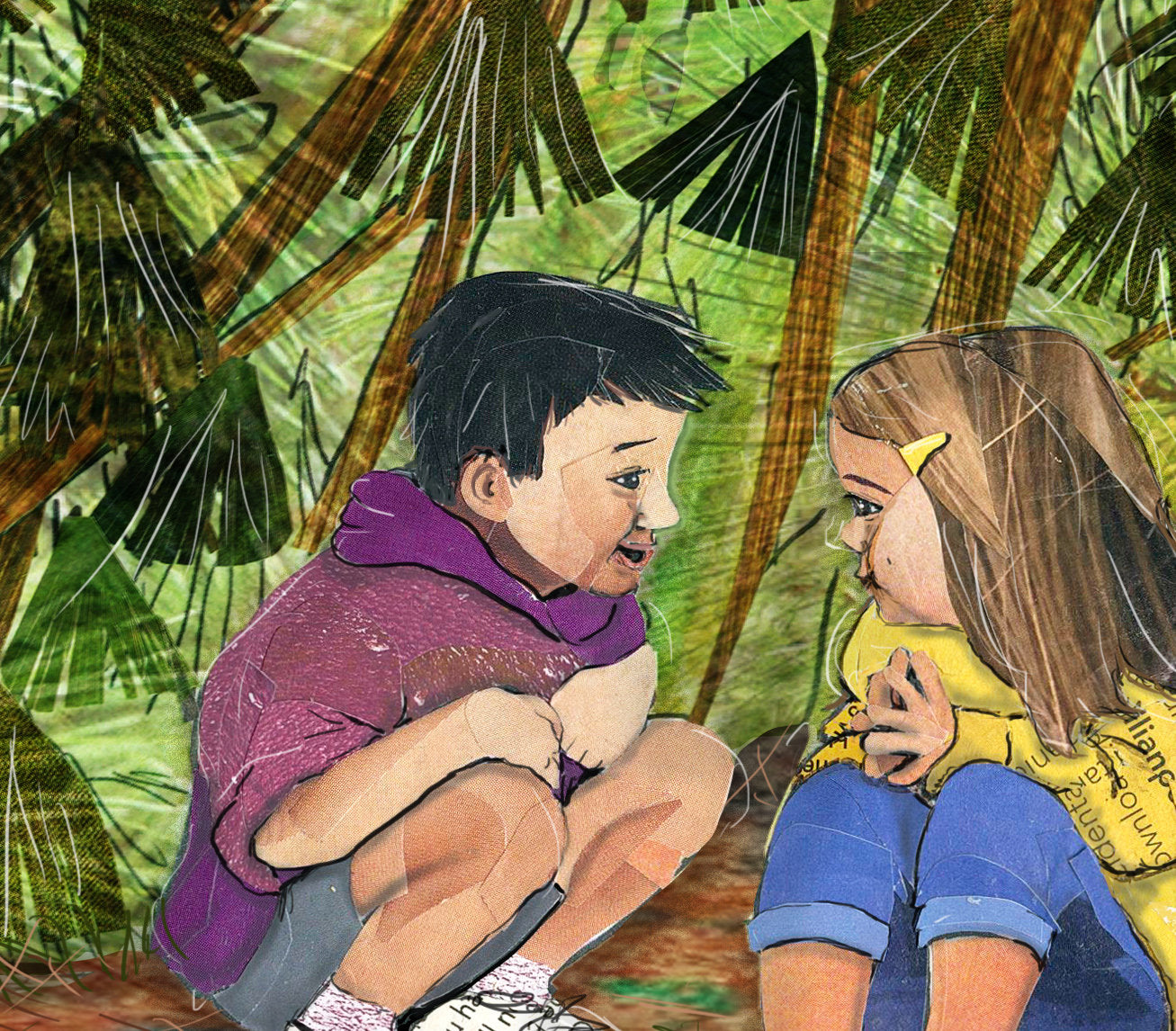 Greeting Card of mixed media collage of two children huddled under a pine tree together, childhood, secret, friends, safe - Blank Inside