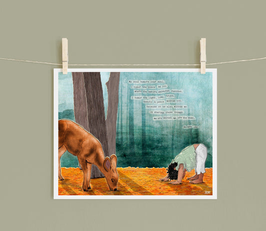 8x10 Art Print of a mixed media collage of a small child and a deer bowing to one another in the forest, namaste prayer