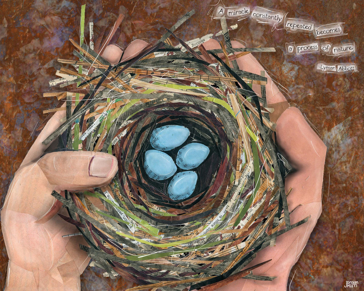 8x10 Art Print of a mixed media collage of a hand holding a robin nest with four blue eggs in it, nature, birds, motherhood, baby