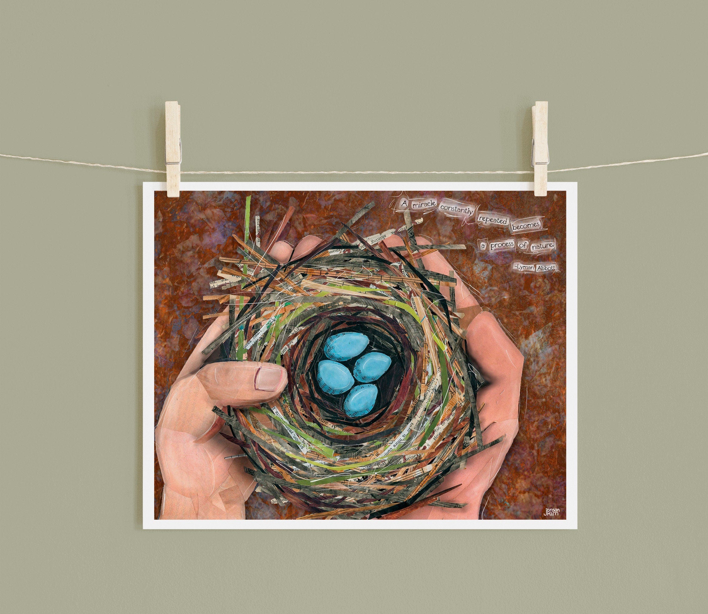 Hand painted acrylic bird nest on 8 by 10 gel press plate one of a kind monoprint art on acid free,8 and a half x 11 inch 2024 art paper nest art