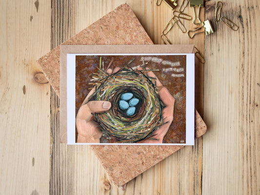 Greeting Card of mixed media collage of a hand holding a robin nest with four blue eggs in it, nature, birds, baby - Blank Inside