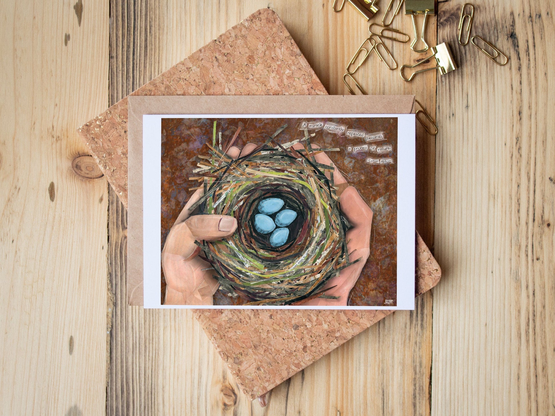 Greeting Card of mixed media collage of a hand holding a robin nest with four blue eggs in it, nature, birds, baby - Blank Inside