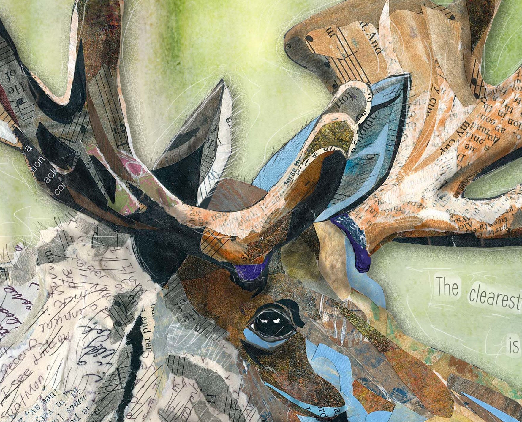 Greeting Card of mixed media collage of a moose in the forest with a John Muir quote about the wilderness, green, nature - Blank Inside