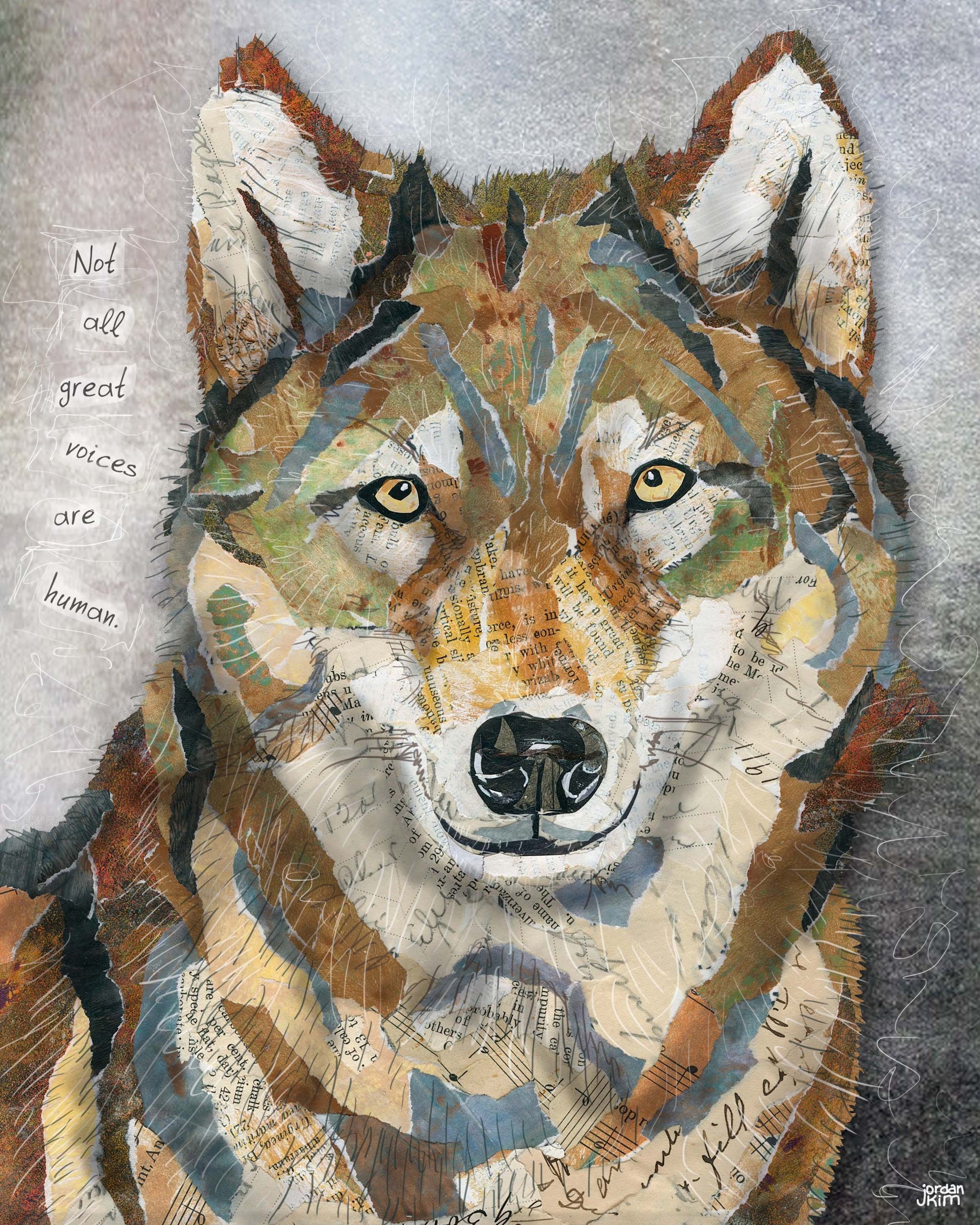 Greeting Card of mixed media collage of a wolf with inspirational quote saying "Not all great voices are human" - Blank Inside