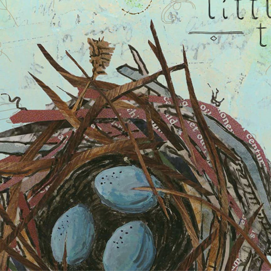 8x10 art print of blue eggs in a paper collage nest - mixed media art with inspirational quote "It's the Little Things"